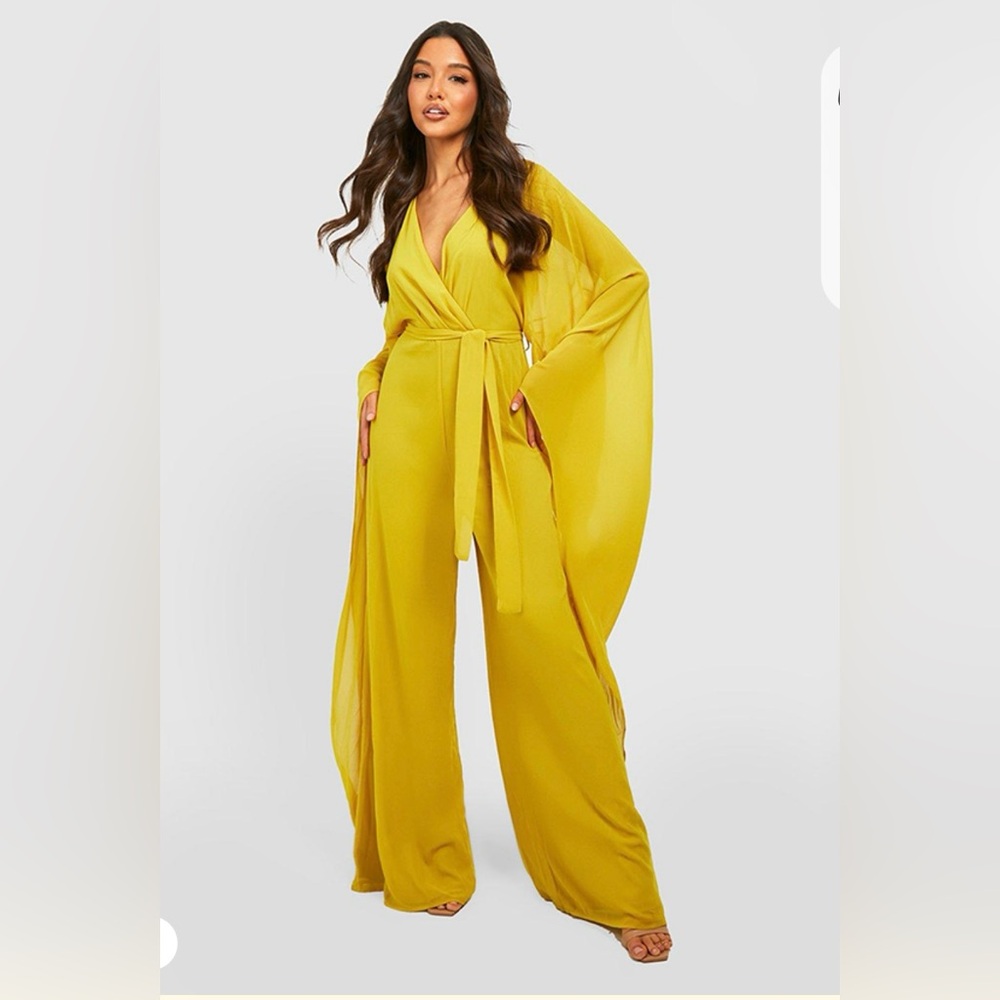 Boohoo Chartreuse Chiffon Wrap Jumpsuit